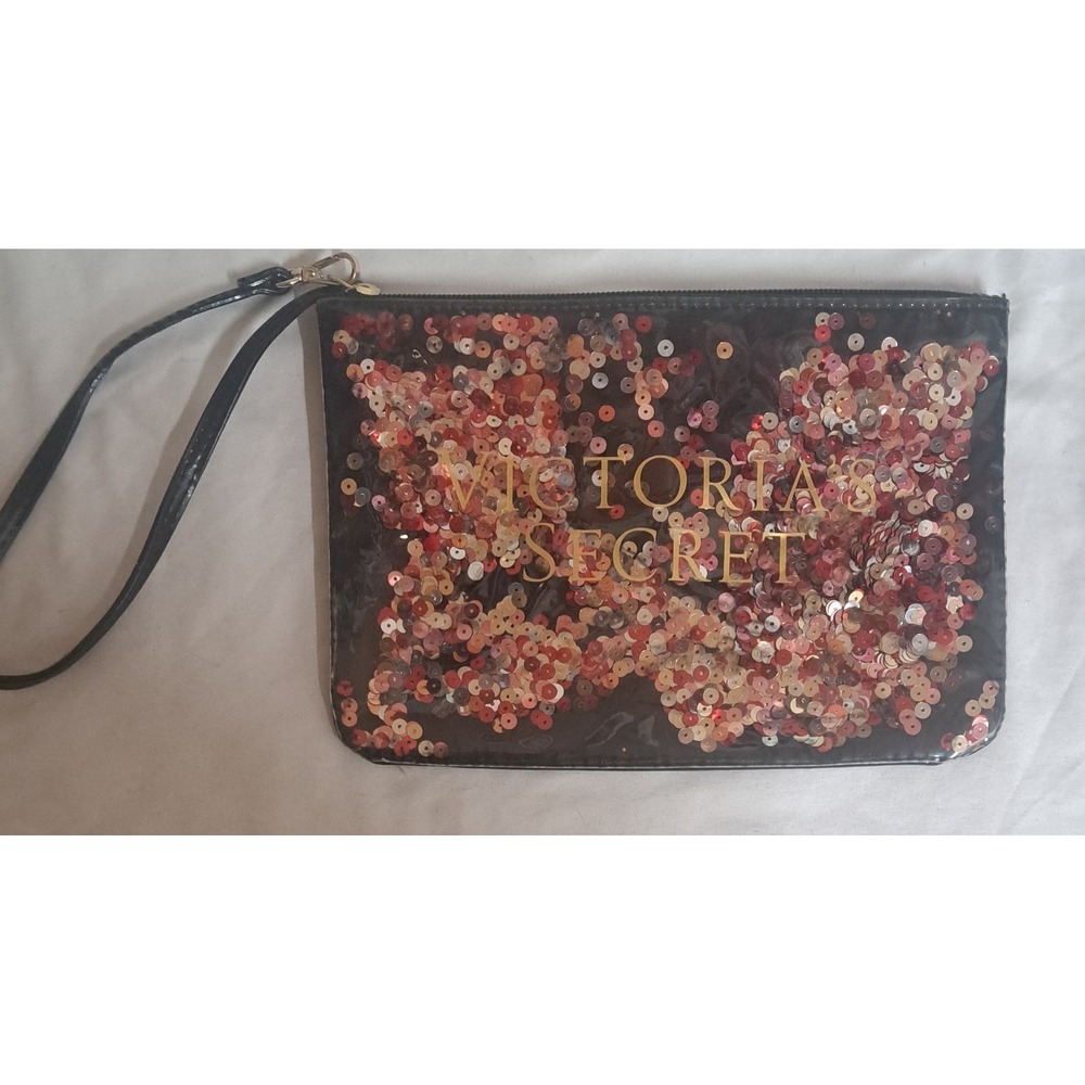 Victoria's Secret Sequin Wristlet Clutch Pouch Makeup Bag Black Pink Gold